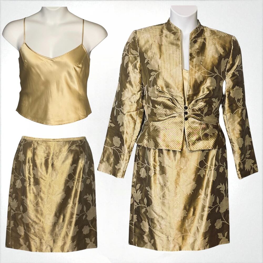 Vintage 90s Kay Unger NY Silk Skirt Suit Size 14 3pc Set Champagne Gold Brocade